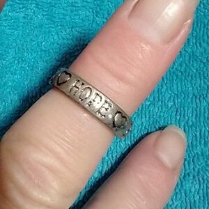 Silvertone 'Hope' Ring with Heart Accents